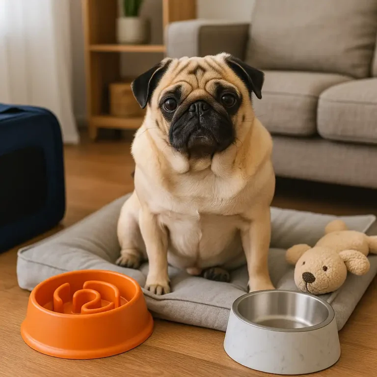 A fawn-colored adult pug sits on a gray dog bed in a living room, surrounded by accessories including a plush toy, a slow-feeder bowl, and a marble-patterned food dish.