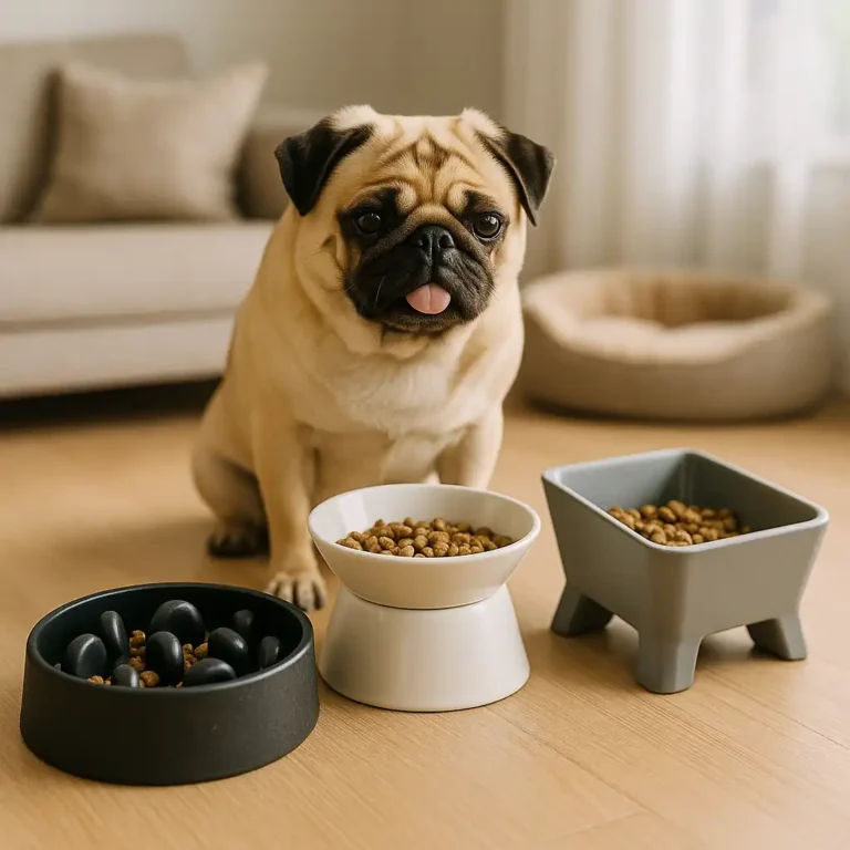 A fawn pug sits on a wooden floor with three different dog bowls filled with kibble, set in a cozy living room with a sofa and dog bed in the background.
