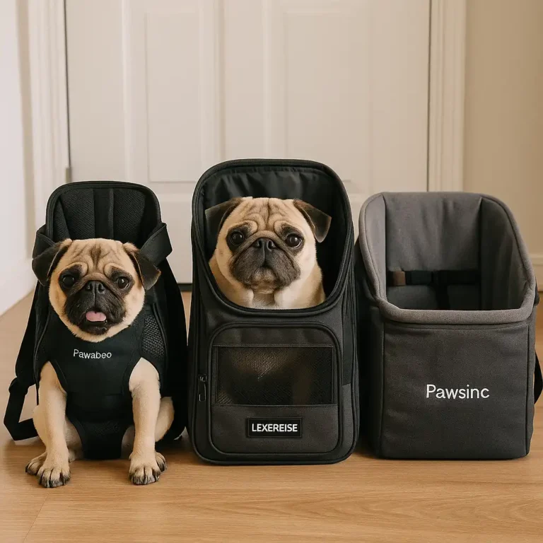 Two pugs sitting in different pet carriers—a backpack-style and an expandable soft-sided carrier—next to an empty crash-tested car seat carrier in a bright home setting.