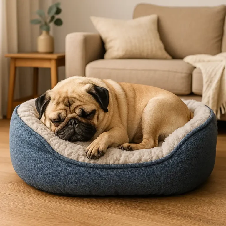 A fawn-colored pug sleeps peacefully in a cozy round dog bed with a soft gray cushion, set in a warm, neutral-toned living room.