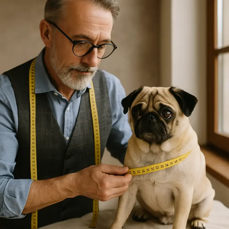 A tailor with glasses gently measuring a fawn pug’s chest using a soft measuring tape, preparing for the right bed size.