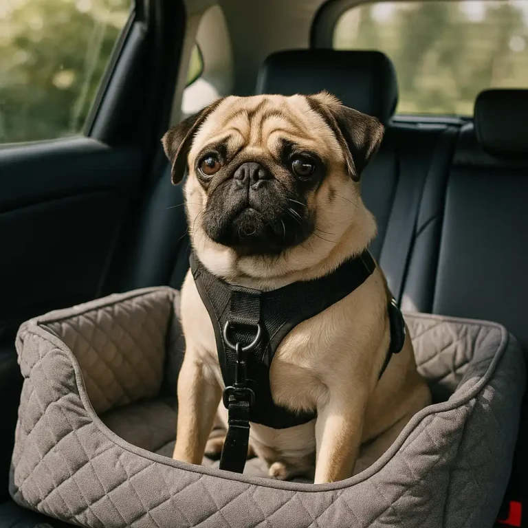 A pug with a fawn coat sits safely in a gray quilted booster car seat, strapped into a black harness in the backseat of a car.
