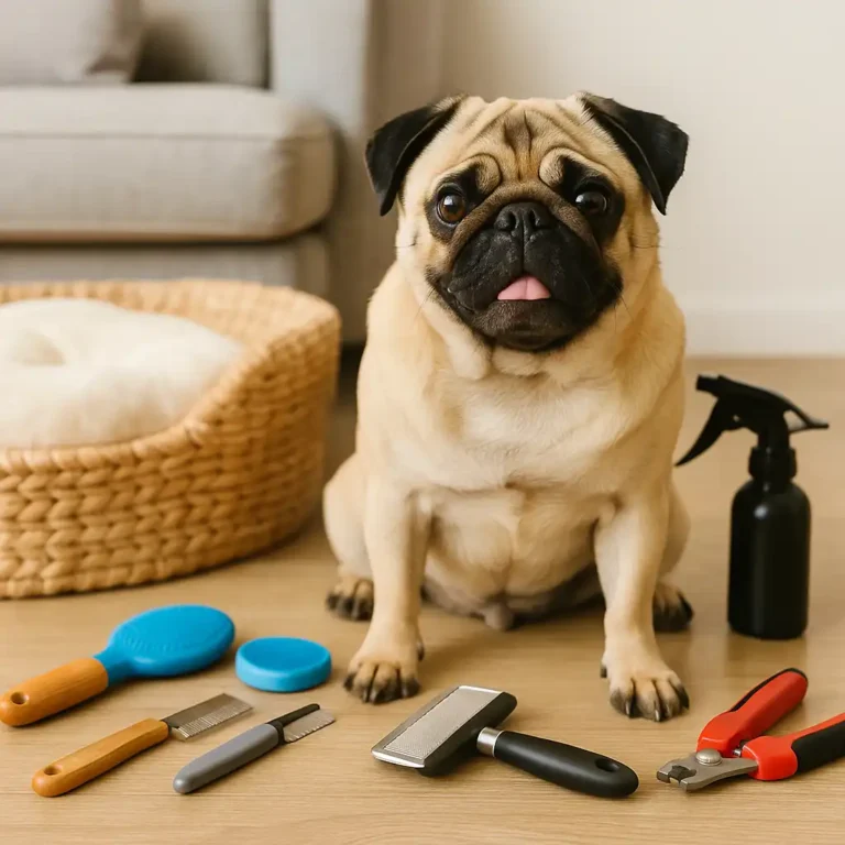 A fawn-colored pug sits on a wooden floor next to a wicker dog bed, surrounded by grooming tools including brushes, nail clippers, and a spray bottle.