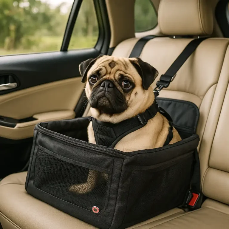 A pug sitting securely in a black crash-tested dog car seat on the back seat of a car, wearing a safety harness.