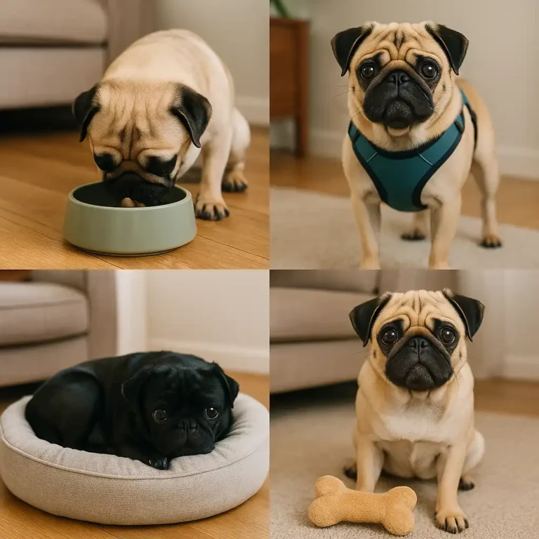 A collage of four pugs with essential accessories—one eating from a bowl, one wearing a harness, one resting on a bed, and one playing with a toy.