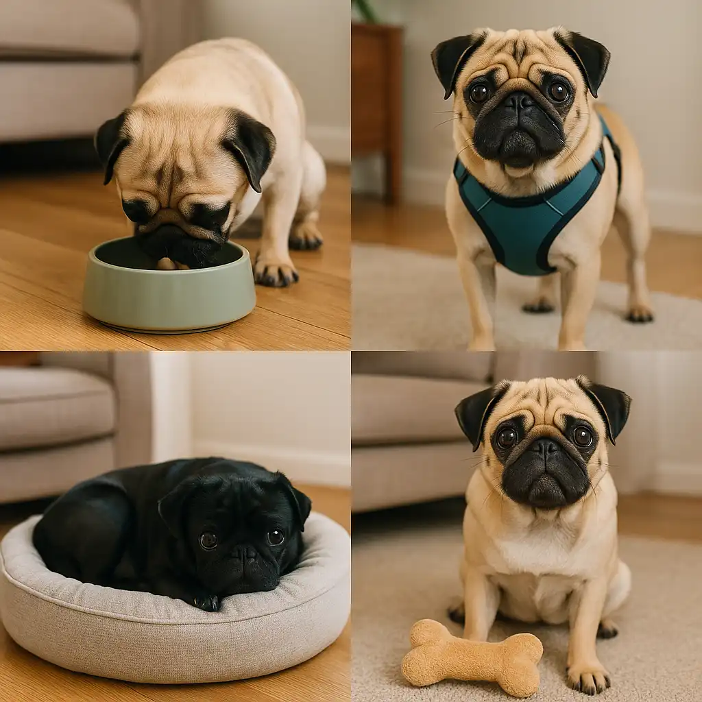 A collage of four pugs with essential accessories—one eating from a bowl, one wearing a harness, one resting on a bed, and one playing with a toy.