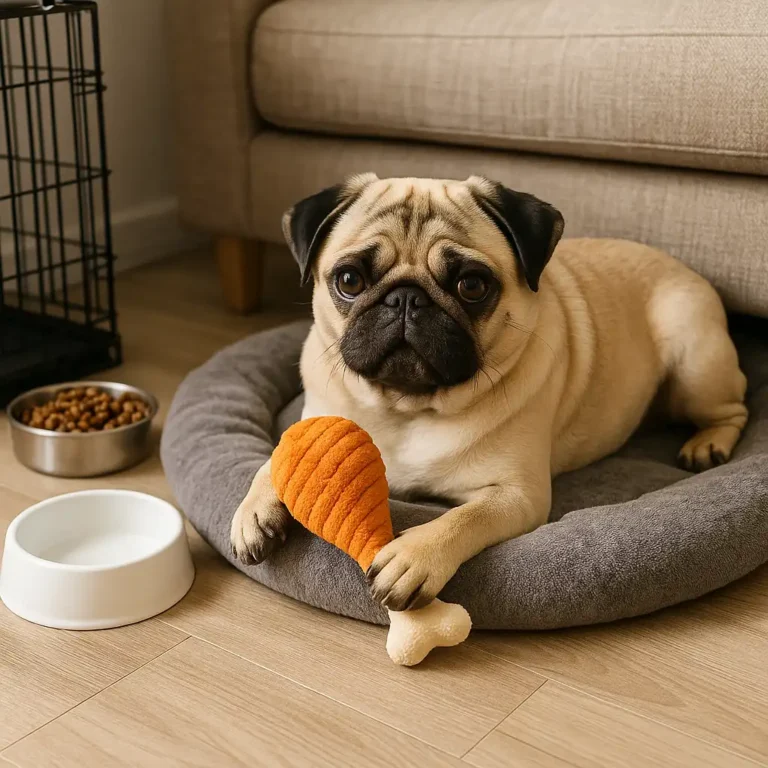 A fawn pug lying on a gray dog bed in a cozy living room, holding an orange plush drumstick toy with food bowls nearby.