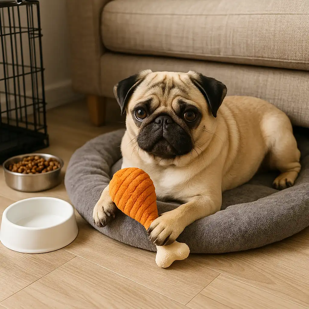 A fawn pug lying on a gray dog bed in a cozy living room, holding an orange plush drumstick toy with food bowls nearby.