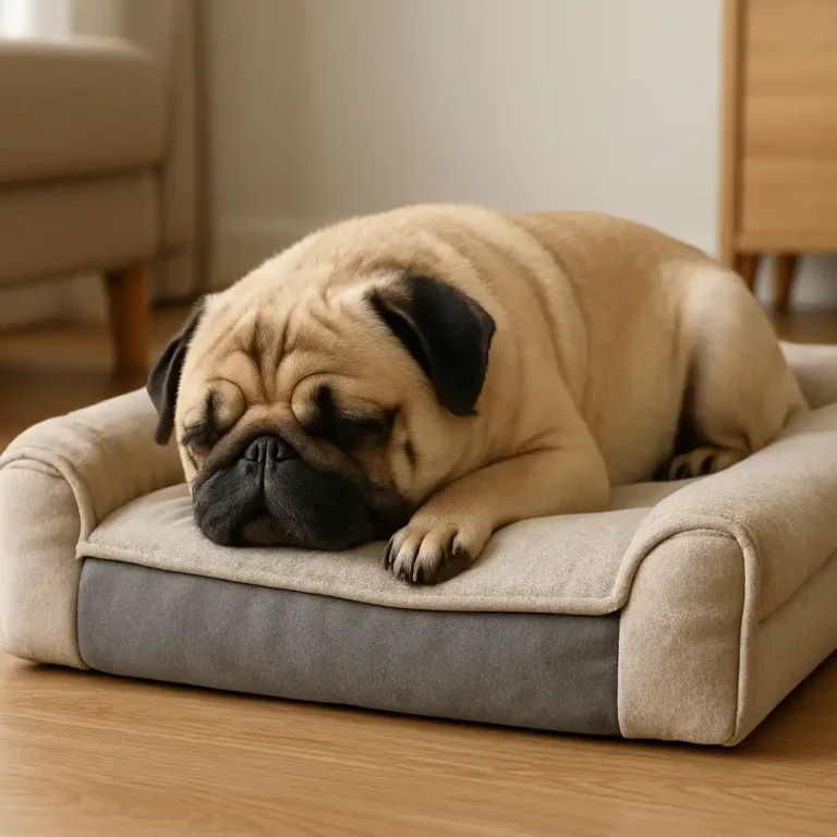 A pug resting on an orthopedic memory foam dog bed for better joint support and comfort.