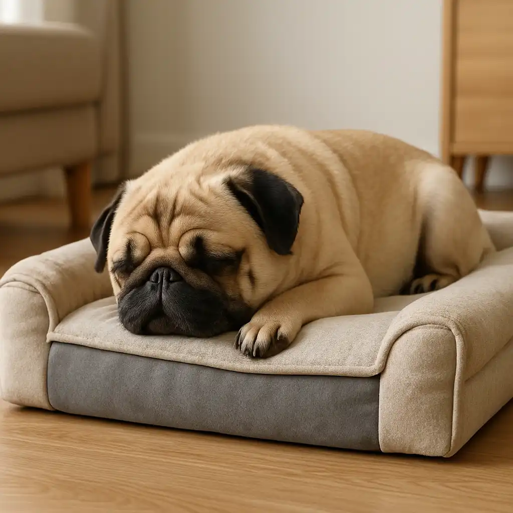 A pug resting on an orthopedic memory foam dog bed for better joint support and comfort.