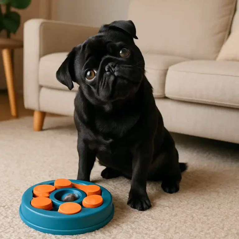 A black pug tilting its head while playing with a treat puzzle toy on a cozy living room rug. Tags: pug-intelligence, pug-training, pug-behavior, smart-pugs, pug-mental-stimulation
