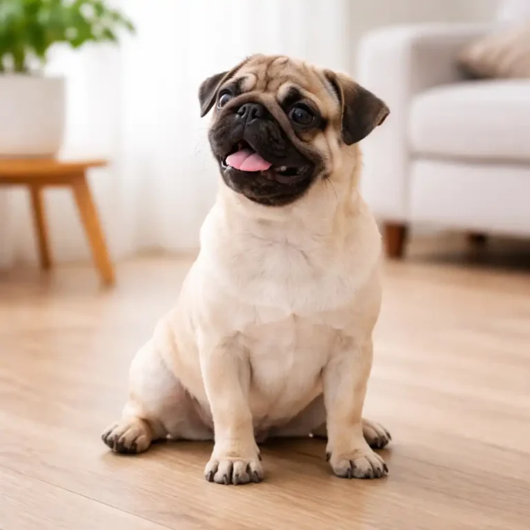 Pug sitting calmly on a hardwood floor in a bright living room.