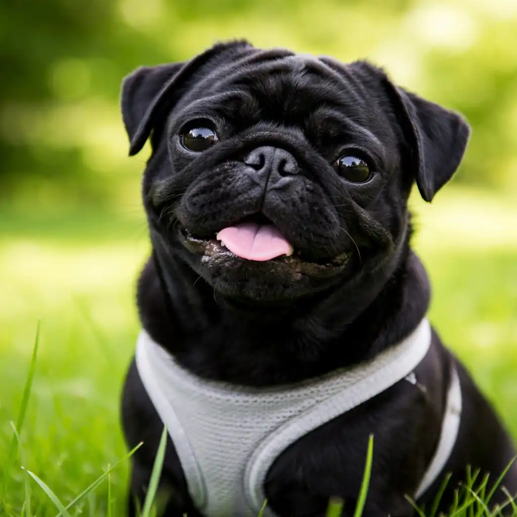 Black pug sitting outdoors with flat face and short snout, commonly linked to respiratory and breathing issues.