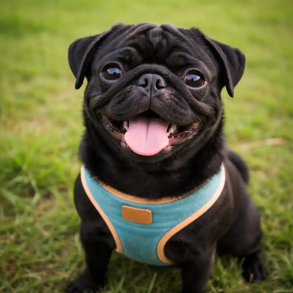 Black pug sitting on grass, smiling with tongue out, wearing a soft harness — suitable for training treat and small dog accessory content.