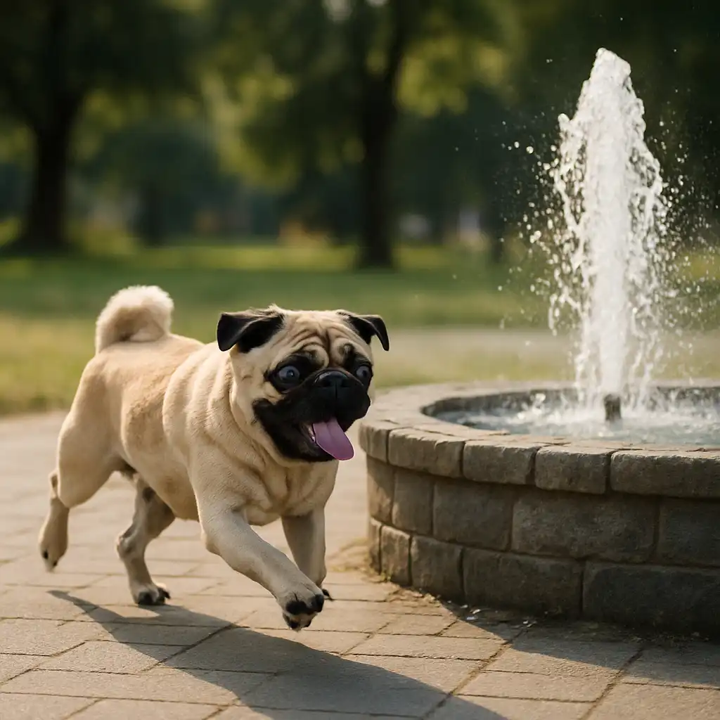 Pug running near a water fountain on a warm day, showing heat exposure and the importance of cooling for pugs.