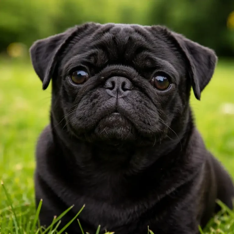 Black pug outdoors with flat face and short snout, showing features linked to nasal breathing limitations.