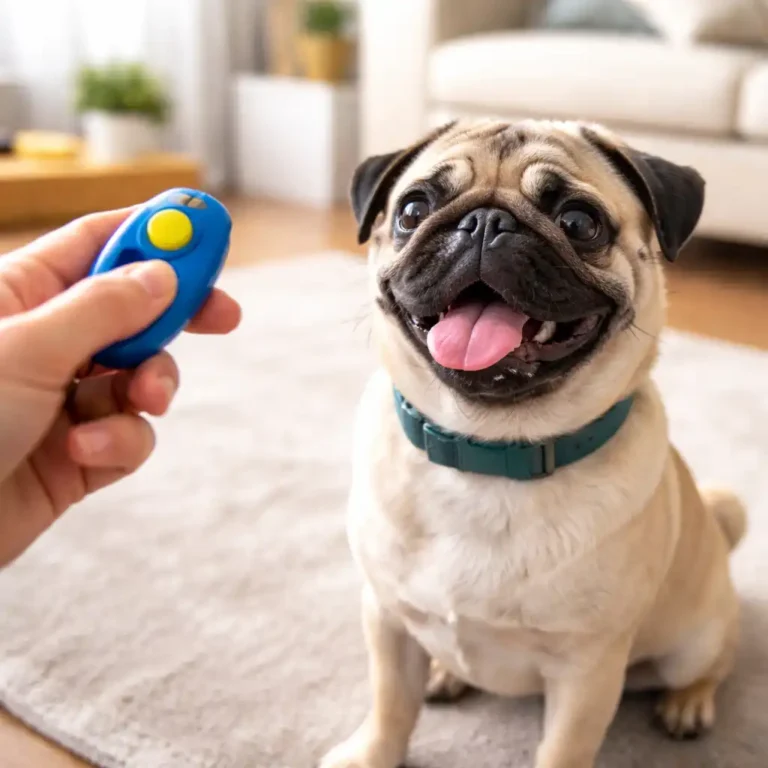 Pug sitting attentively indoors during clicker training, focused on a handheld clicker and treats in a bright living room.