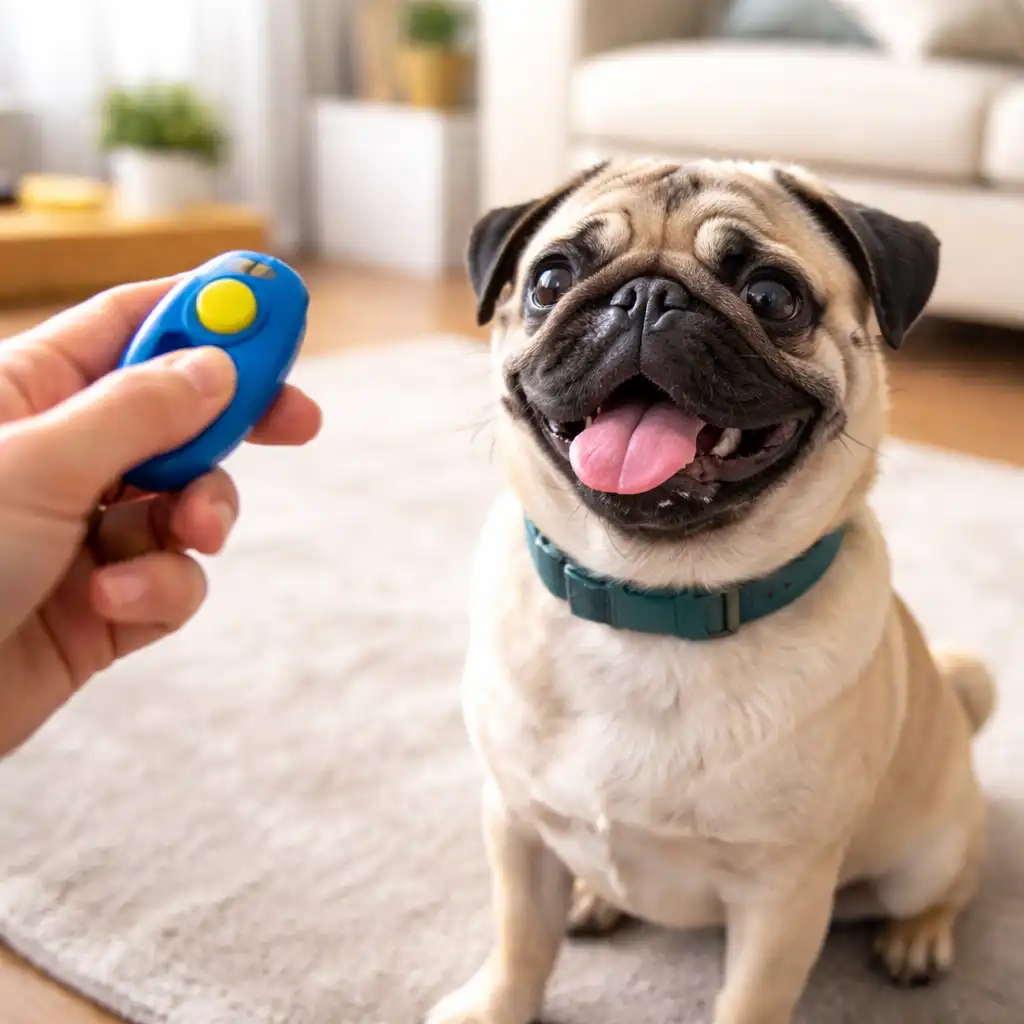 Pug sitting attentively indoors during clicker training, focused on a handheld clicker and treats in a bright living room.