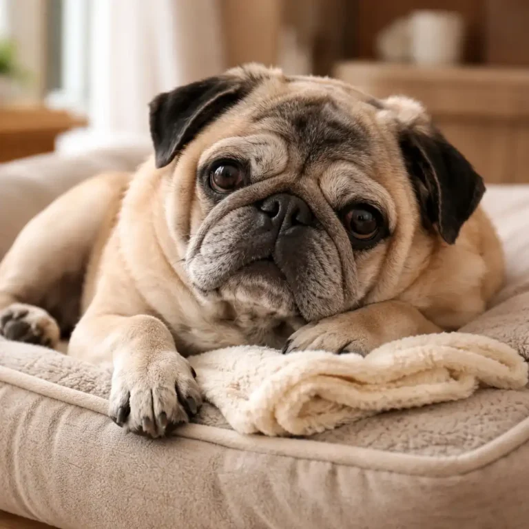 Senior pug resting on a soft indoor dog bed, showing signs of aging such as a gray muzzle and relaxed posture.