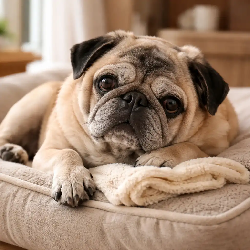 Senior pug resting on a soft indoor dog bed, showing signs of aging such as a gray muzzle and relaxed posture.