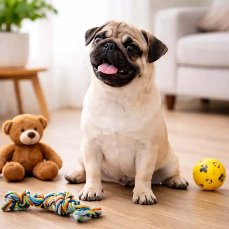 Pug sitting indoors with toys in a bright living room.