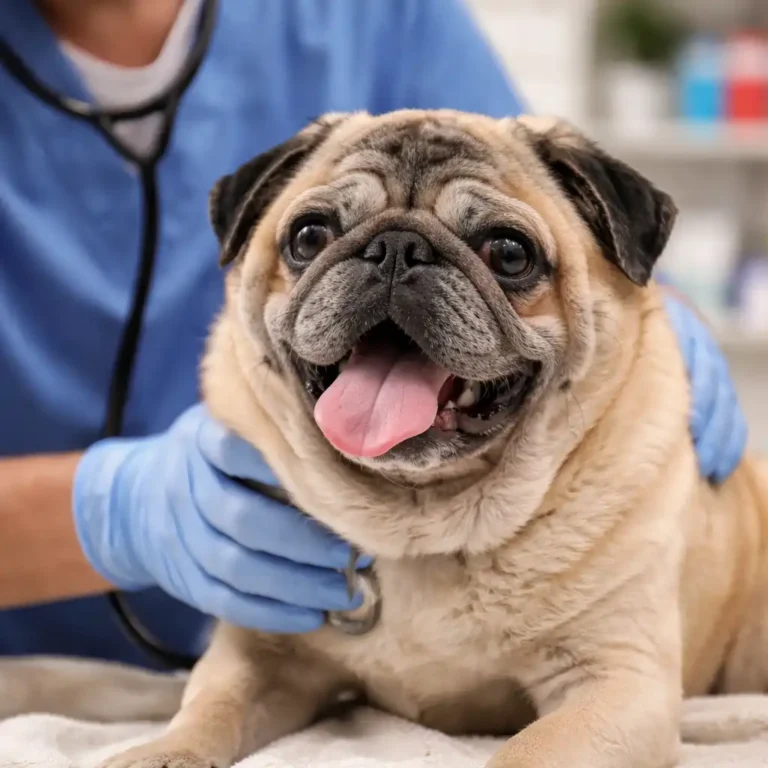 Pug being examined by a veterinarian during an emergency visit, showing signs of breathing distress and heat-related stress.