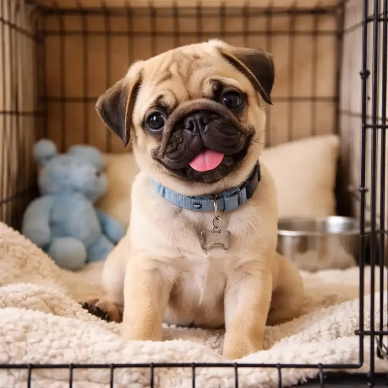 pug puppy sitting calmly inside a crate on a soft bed at home