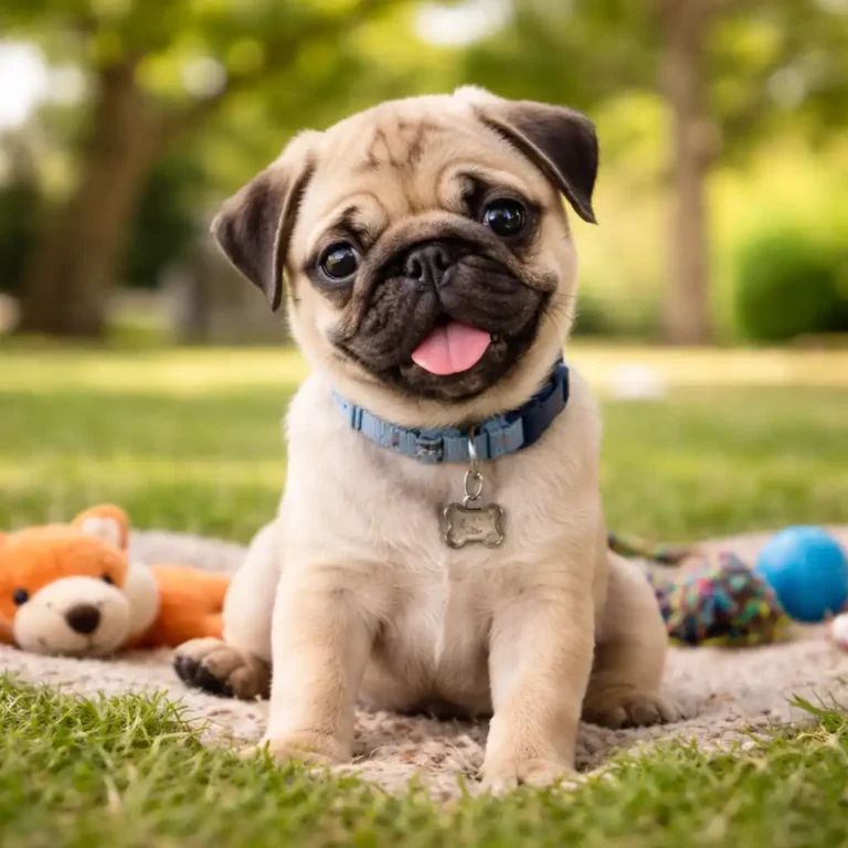 Pug puppy sitting on grass during a calm socialization session outdoors.