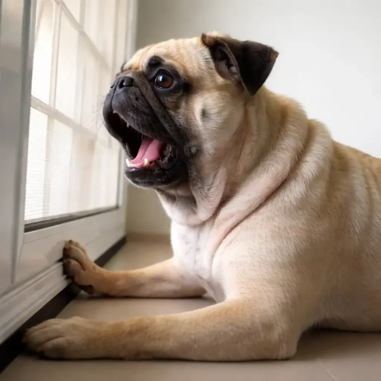 Pug barking indoors while looking out a window.