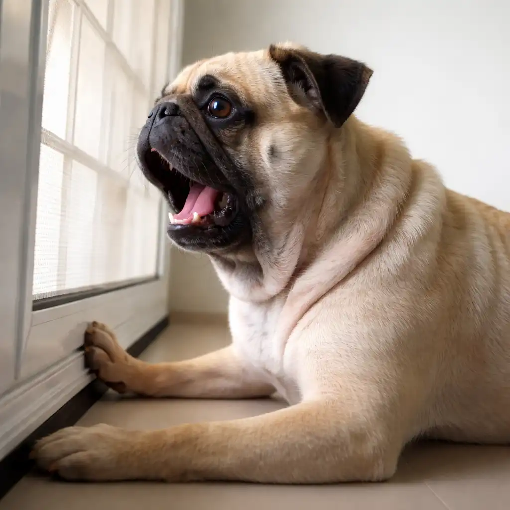 Pug barking indoors while looking out a window.