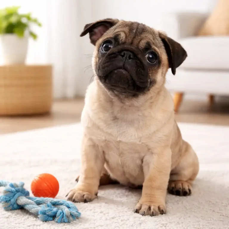 Pug puppy sitting attentively indoors during early training.
