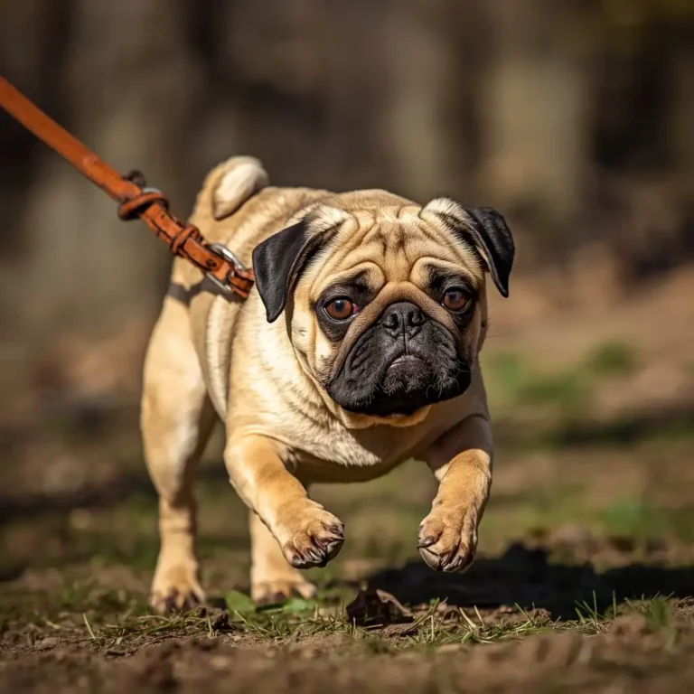 Pug pulling forward on a leash during an outdoor walk.