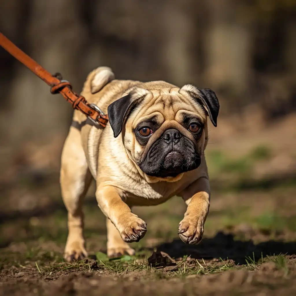 Pug pulling forward on a leash during an outdoor walk.