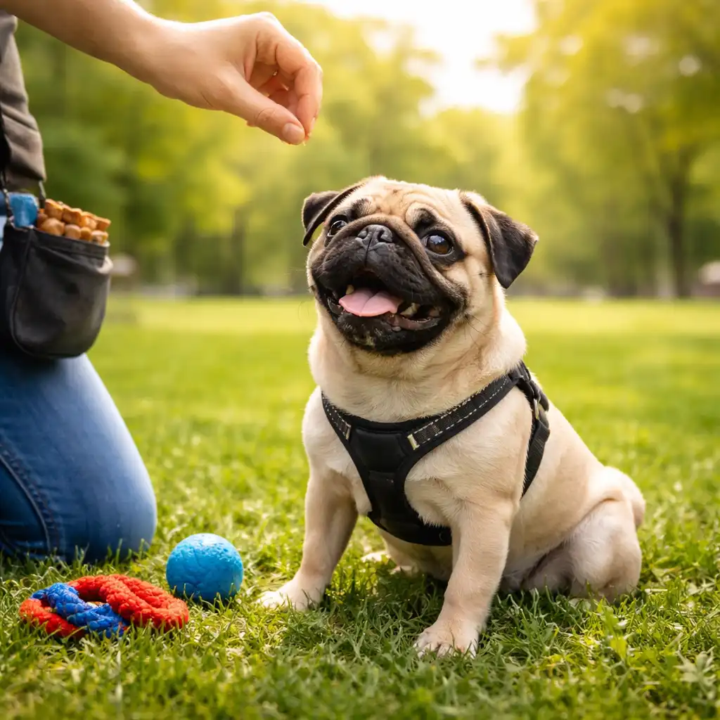 Pug sitting calmly during positive reinforcement training with treats outdoors.