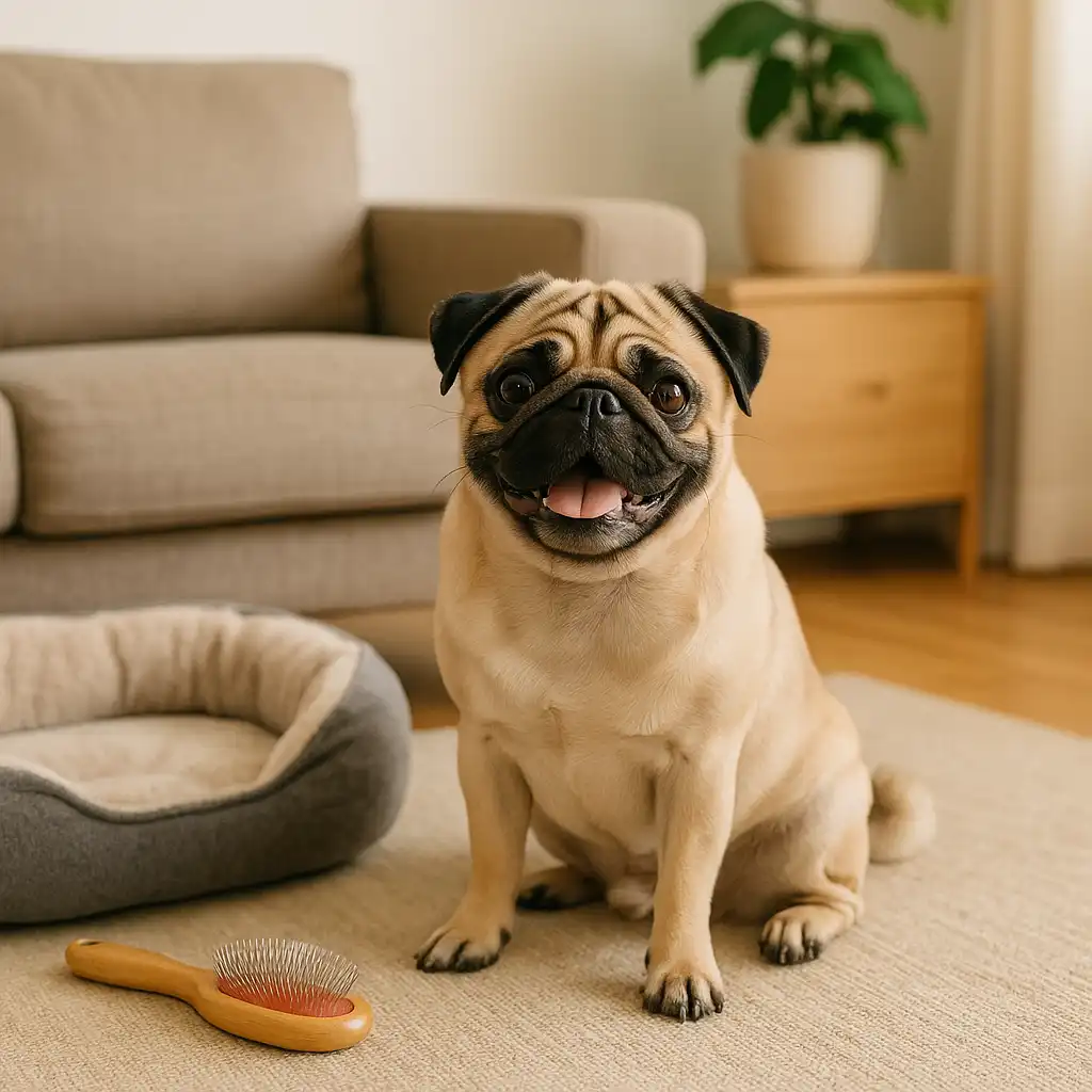 A fawn-colored pug sitting comfortably indoors with gentle grooming items nearby, creating a cozy and well-cared-for atmosphere.
