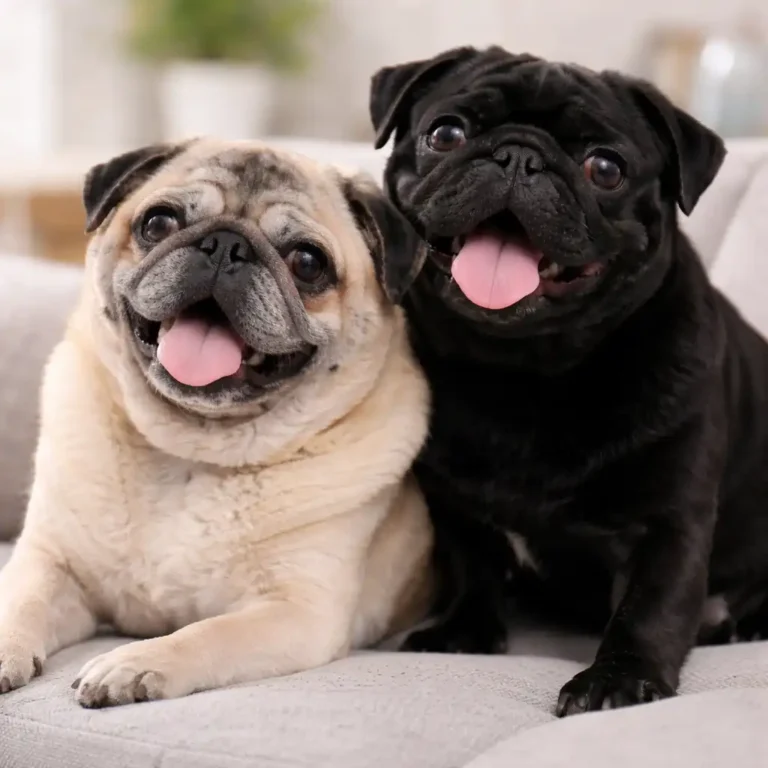 Two adult pugs resting indoors on a couch, one fawn-colored and one black, both calm and healthy-looking with relaxed expressions.
