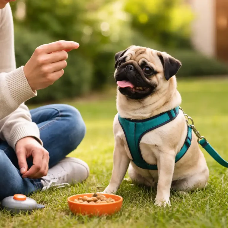 Pug sitting on grass during a calm training session with its owner offering a treat.