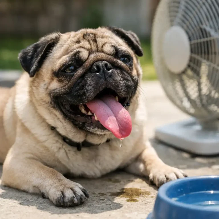 Fawn pug panting heavily in warm weather, showing heat sensitivity and overheating risk common in the breed.