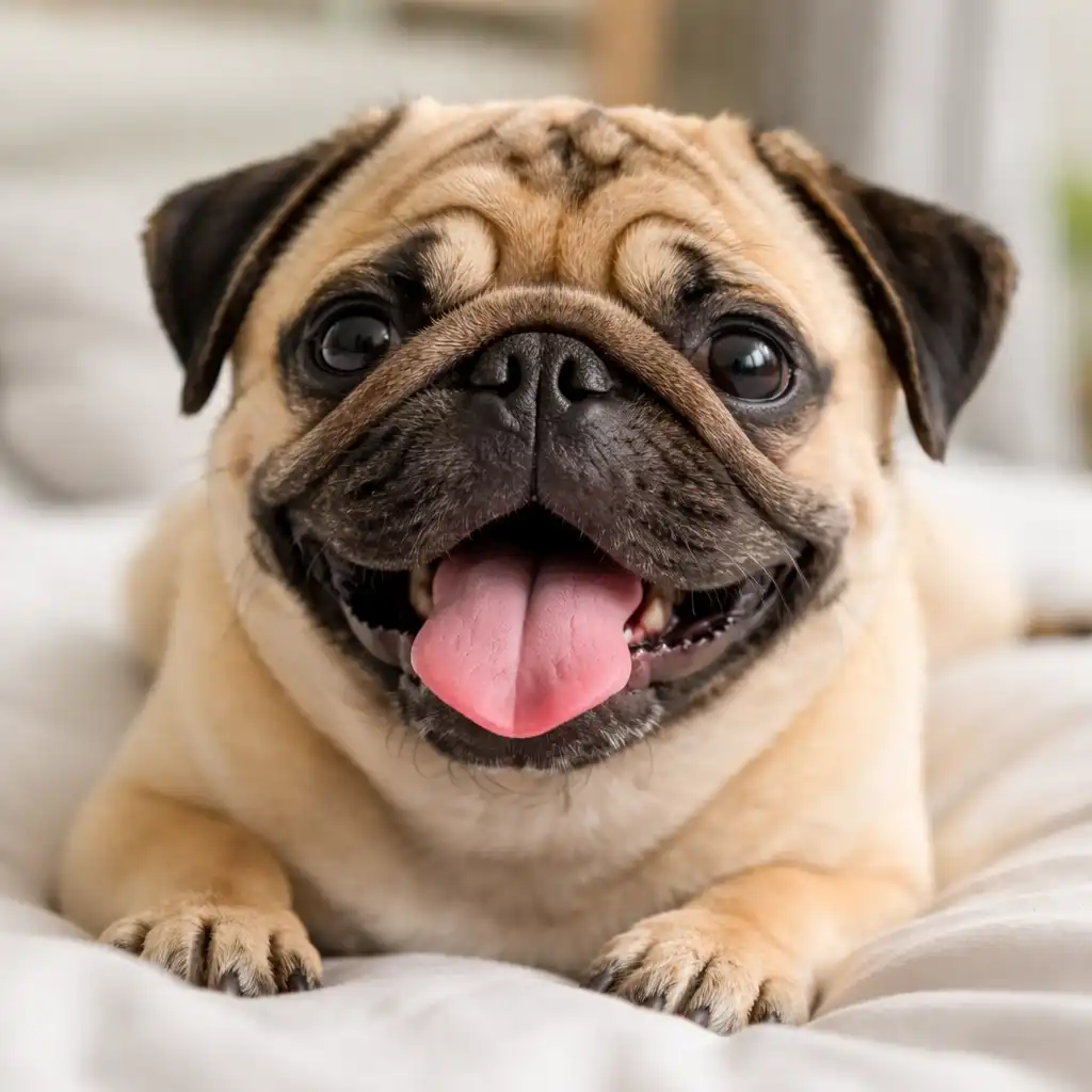Fawn pug panting on a soft bed, showing flat face and relaxed posture commonly linked to snoring.